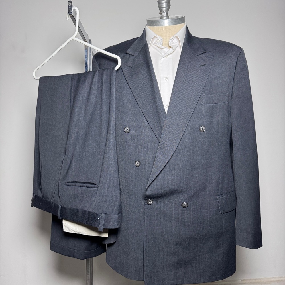 J‎ Rigggins Mens 48L 42W Double Breasted Suit Charcoal Pinstripe Set